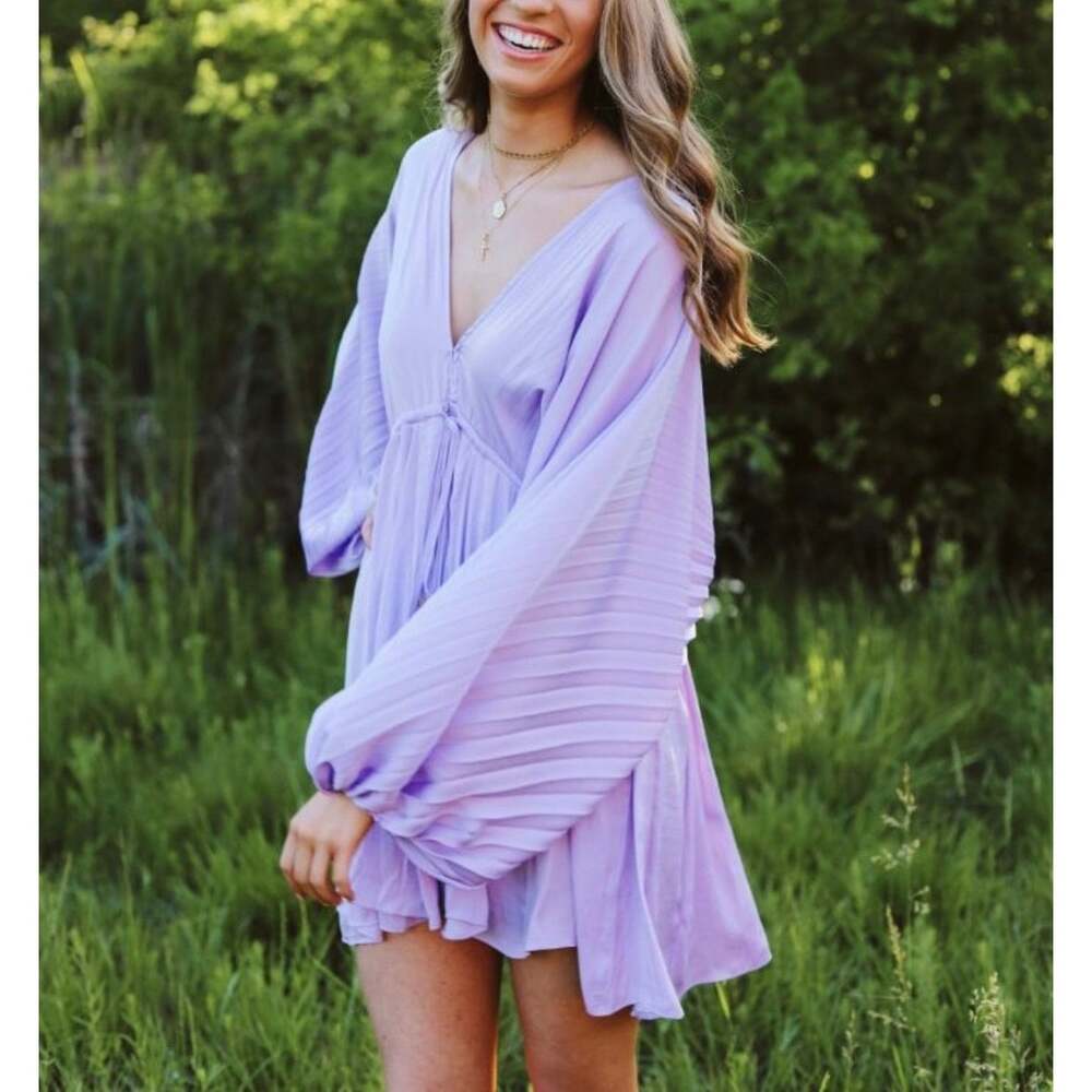 Free People Lavender Pleated Balloon Sleeve Mini Dress XS Boho V Neck EUC